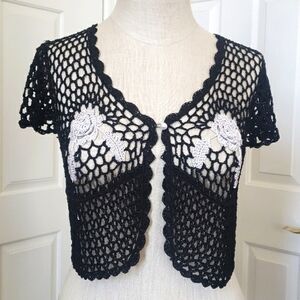 Vintage Boho Sheer Crochet Knit Crop Top Vest Cardigan Rosettes Black Grannycore